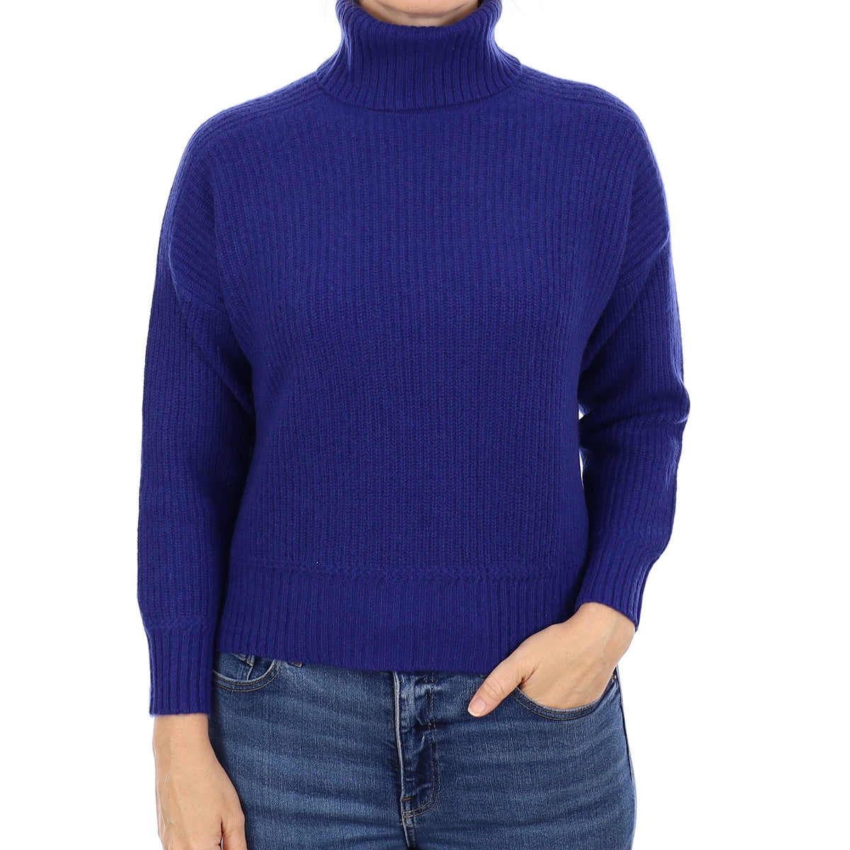 Admiral Blue Chunky Rib Cashmere Polo Neck Jumper Small