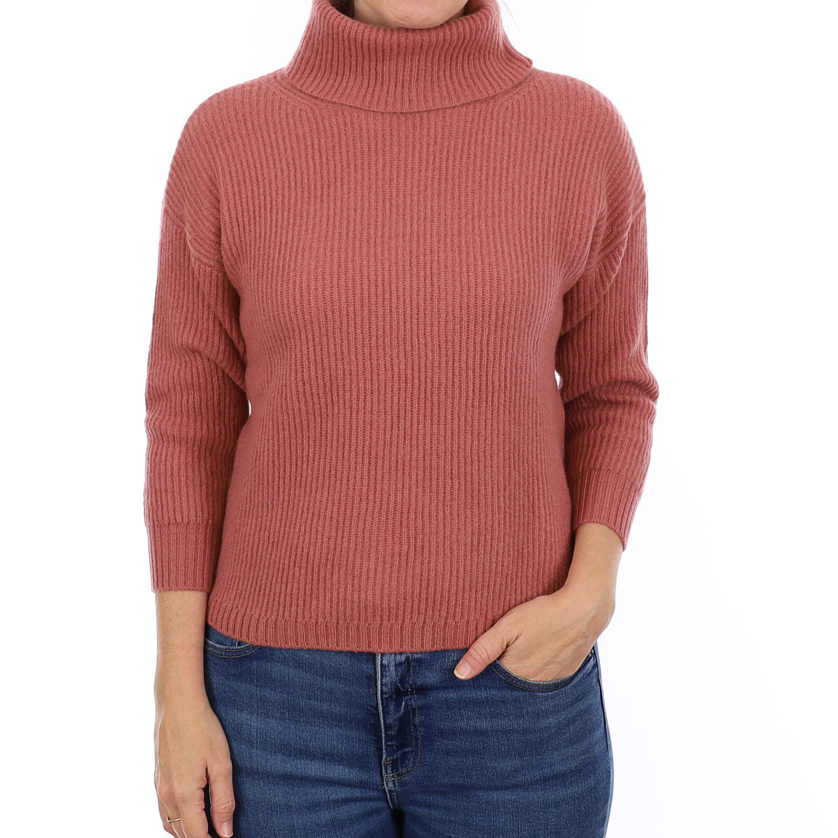 Max Mara Dusky Pink Rib Cashmere Polo Neck Jumper Small