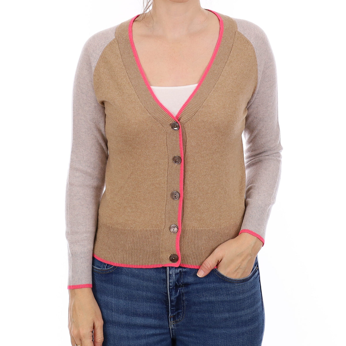 Camel & Neon Pink Cashmere V Neck Cardigan Small