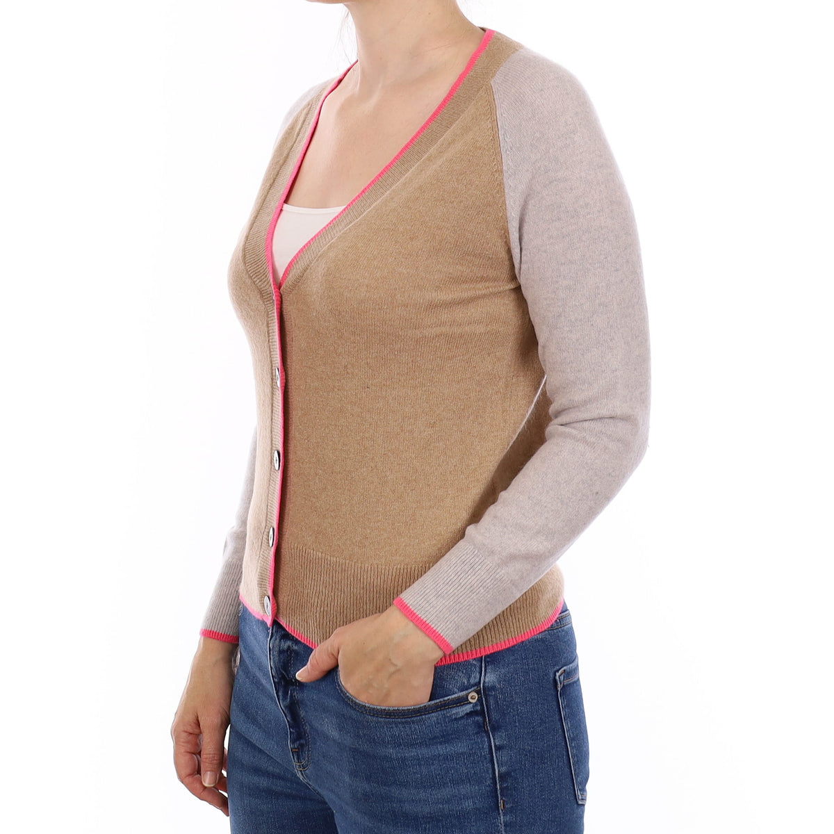 Camel & Neon Pink Cashmere V Neck Cardigan Small