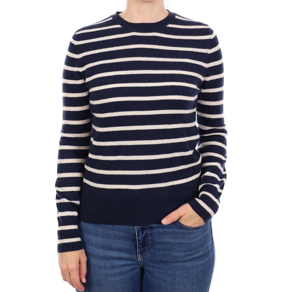 Navy and Ivory Stripe Cashmere Crew Neck Jumper Small