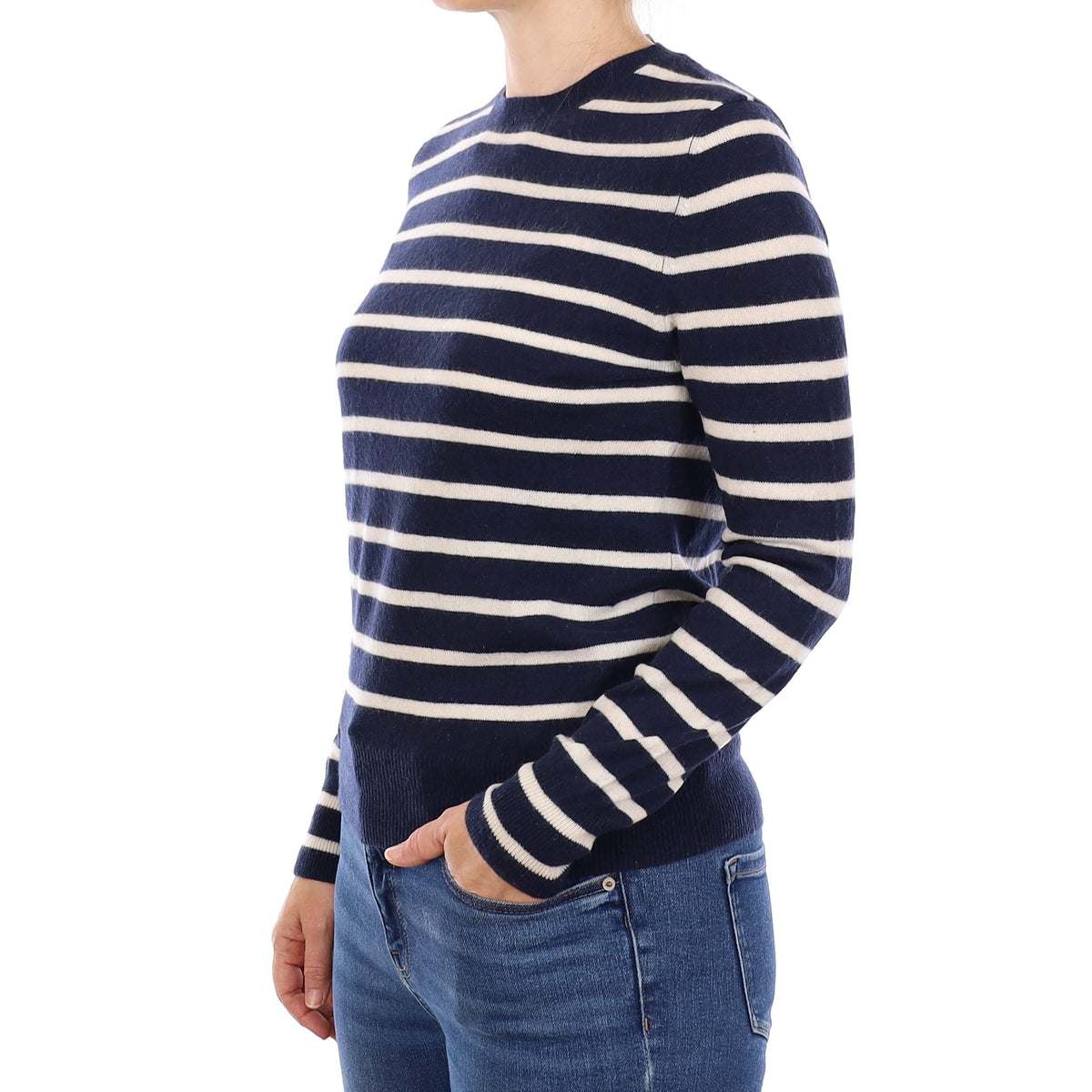 Navy and Ivory Stripe Cashmere Crew Neck Jumper Small