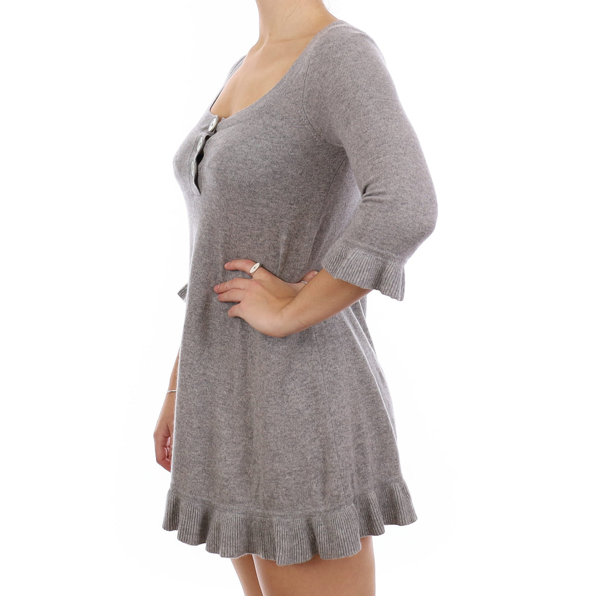 Smoke Grey Cashmere Ruffle Edged Mini Dress Small