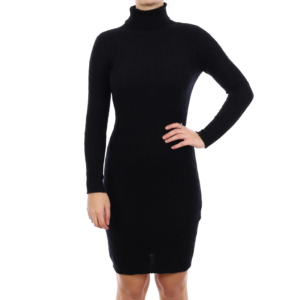 Black Cable Knit Cashmere Polo Neck Dress Small