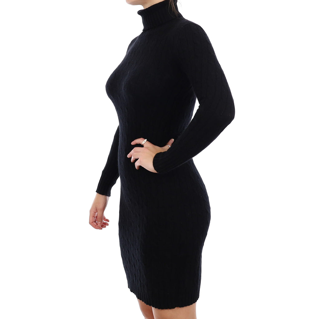 Black Cable Knit Cashmere Polo Neck Dress Small