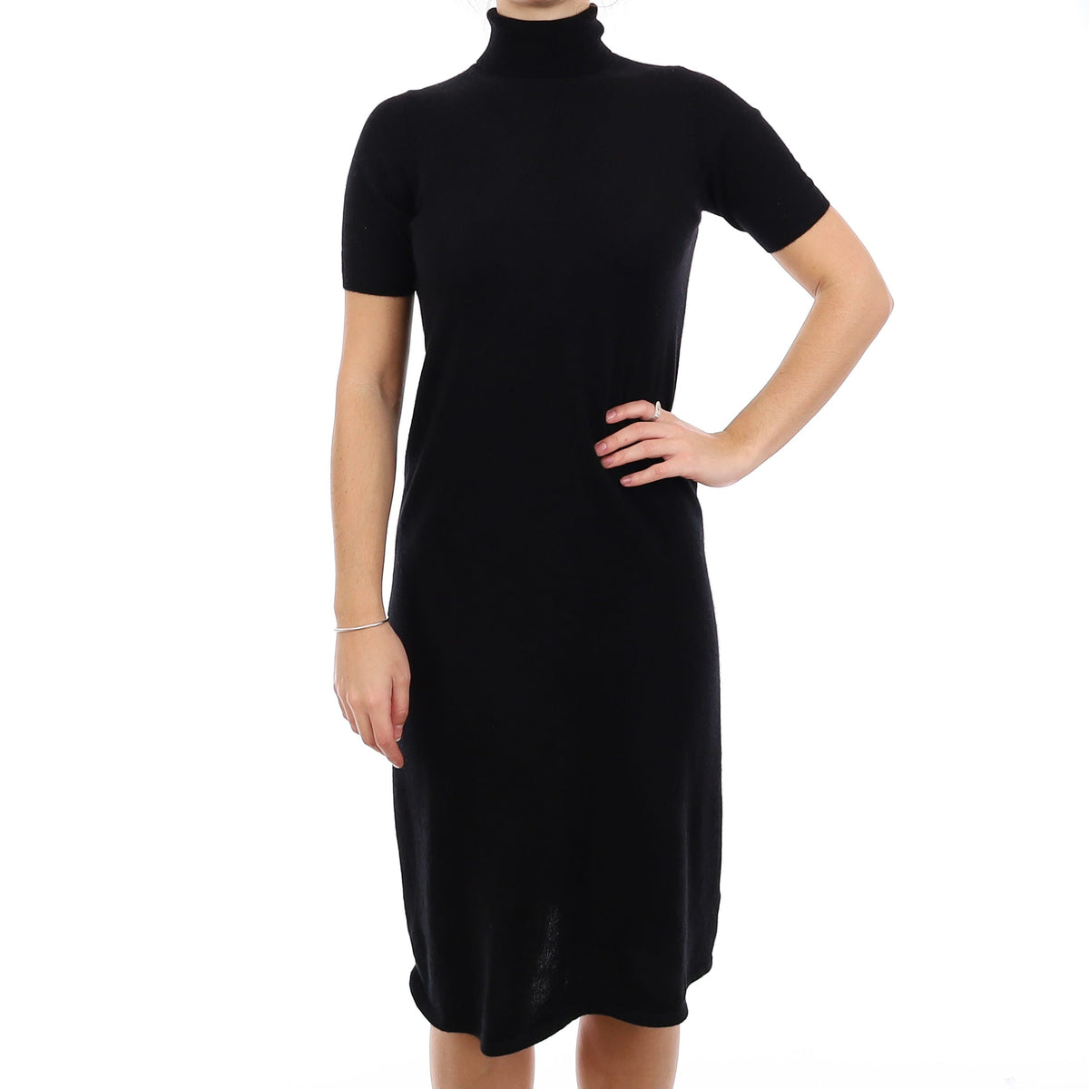 Black Cashmere Short Sleeve Polo Neck Dress Small