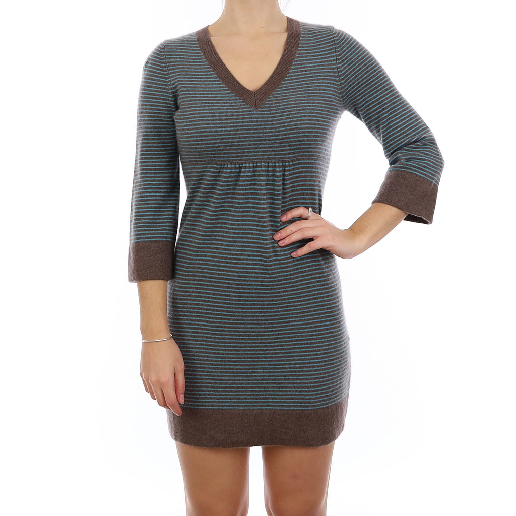 Boden Mocha and Aqua Stripe Cashmere V Neck Dress Small