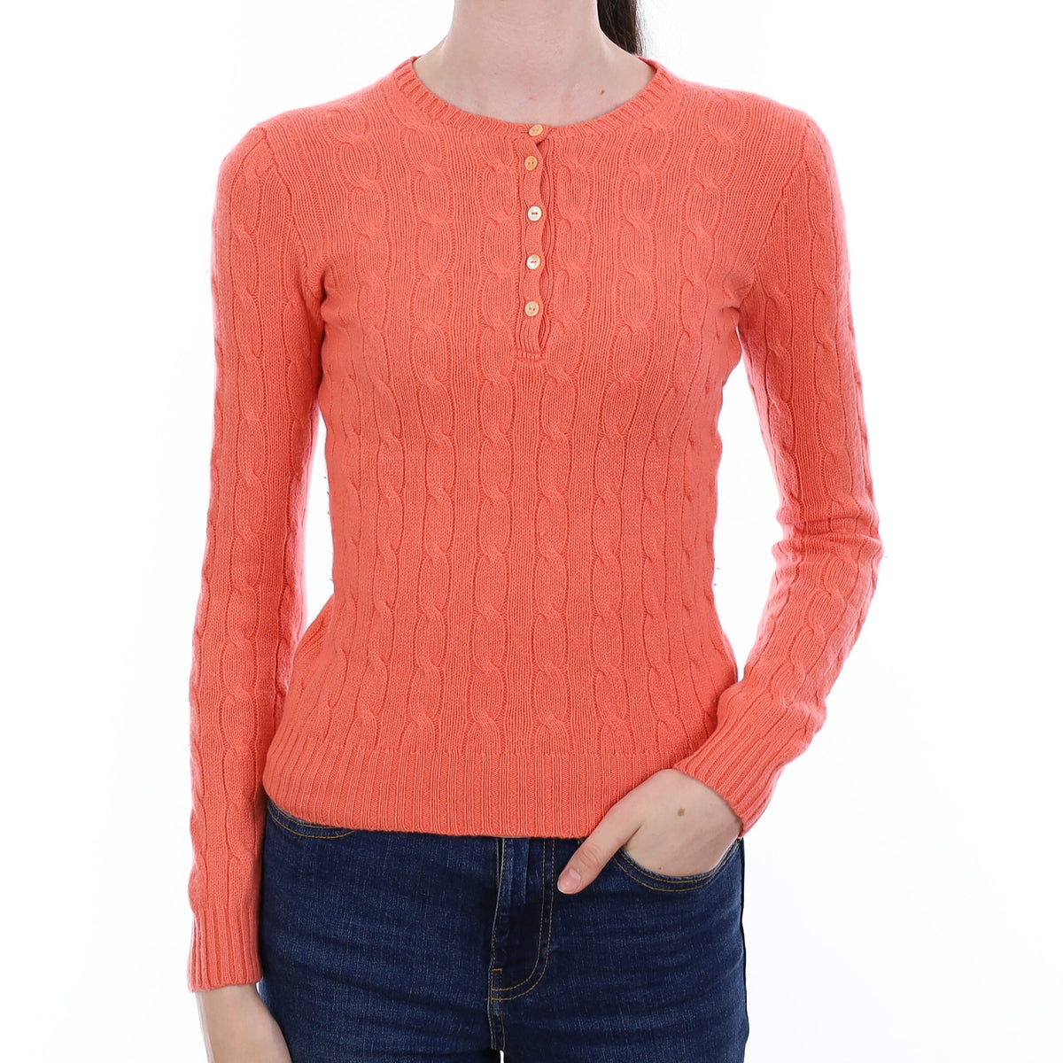 Ralph Lauren Coral Pink Cashmere Button Up Crew Neck Jumper Extra Small