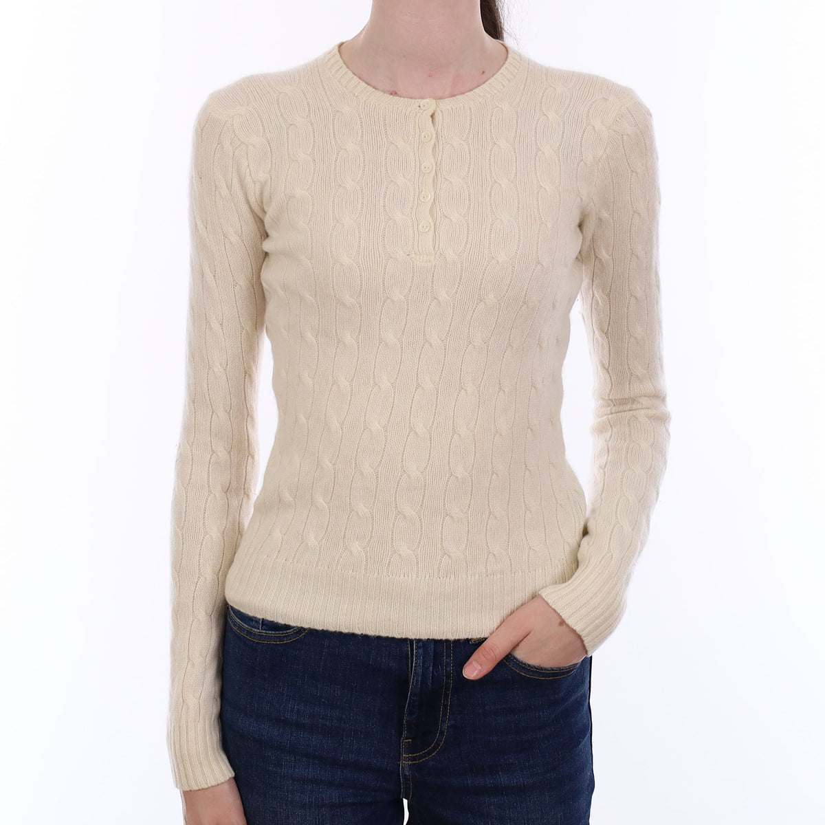 Ralph Lauren Ivory Cable Cashmere Button Up Crew Neck Jumper Extra Small