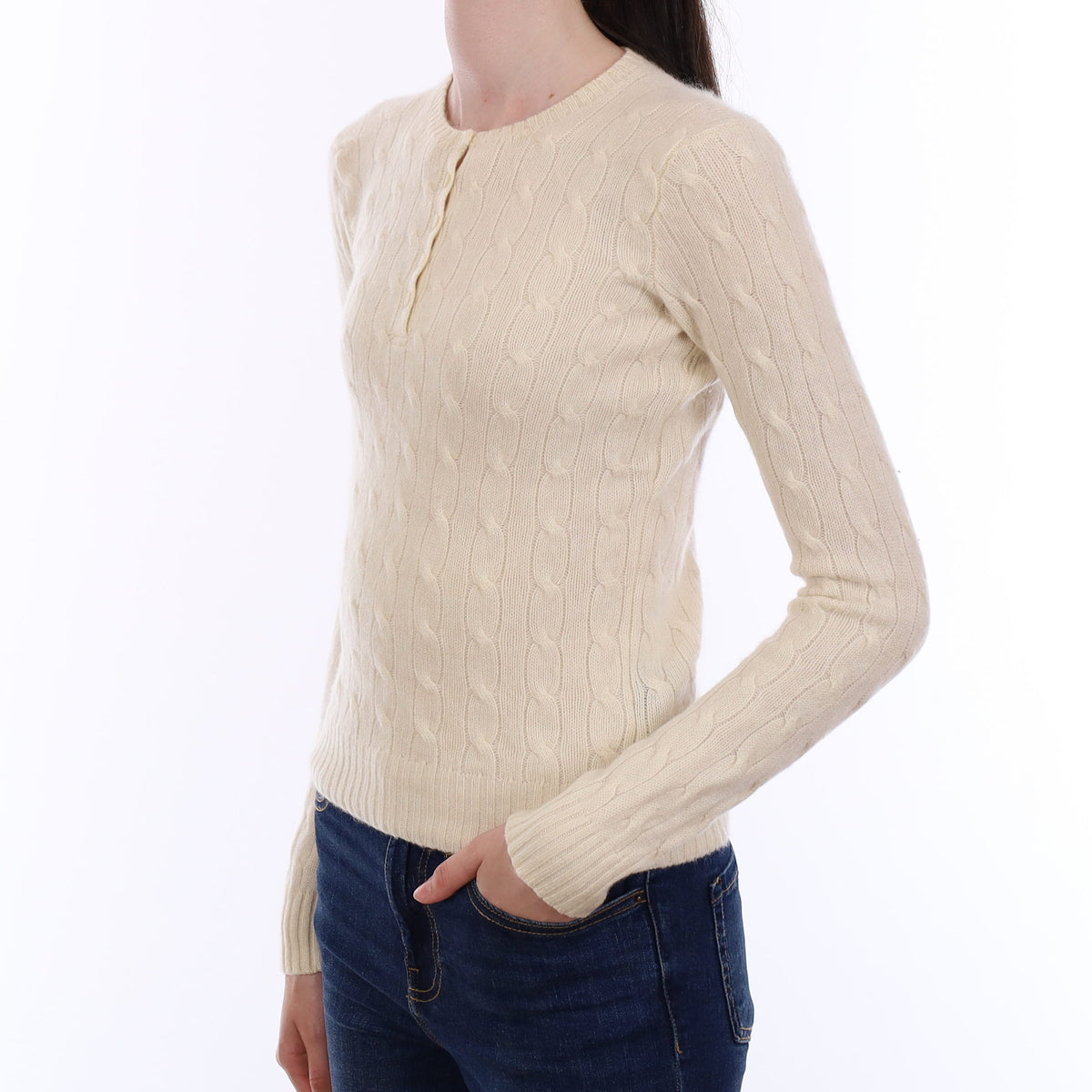 Ralph Lauren Ivory Cable Cashmere Button Up Crew Neck Jumper Extra Small