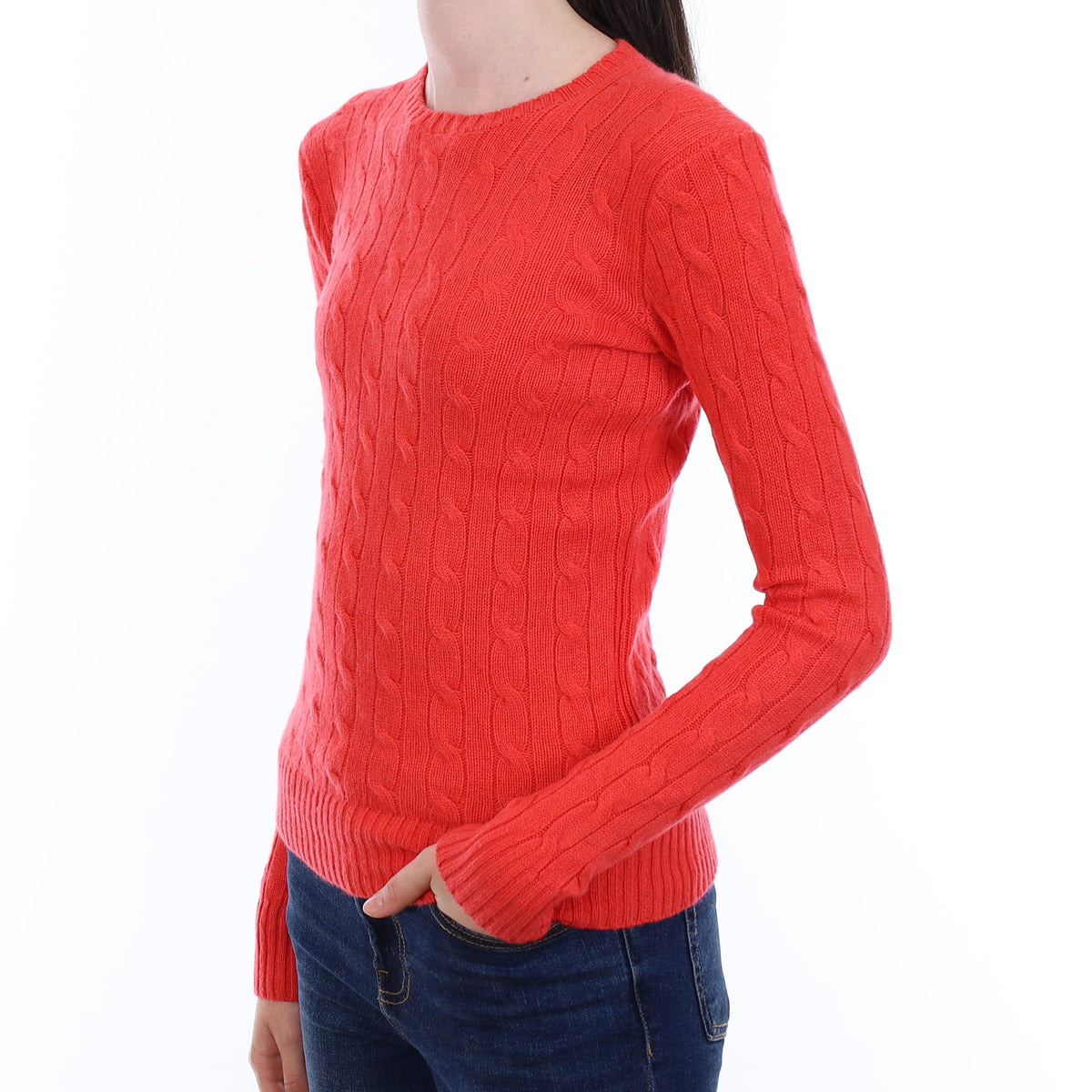 Ralph Lauren Vermillion Orange Cable Cashmere Crew Neck Jumper Extra Small