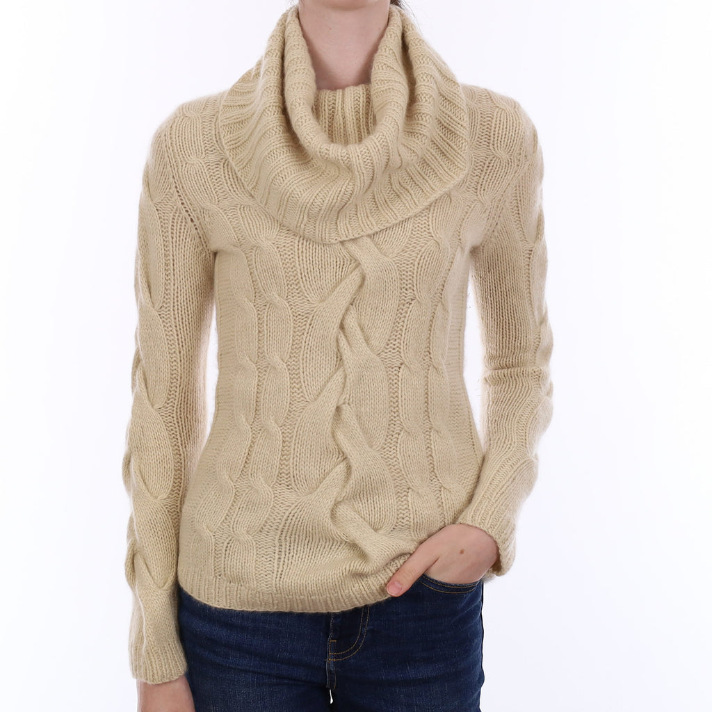 Beige Extra Chunky Cable Cashmere Cowl Neck Jumper Extra Small