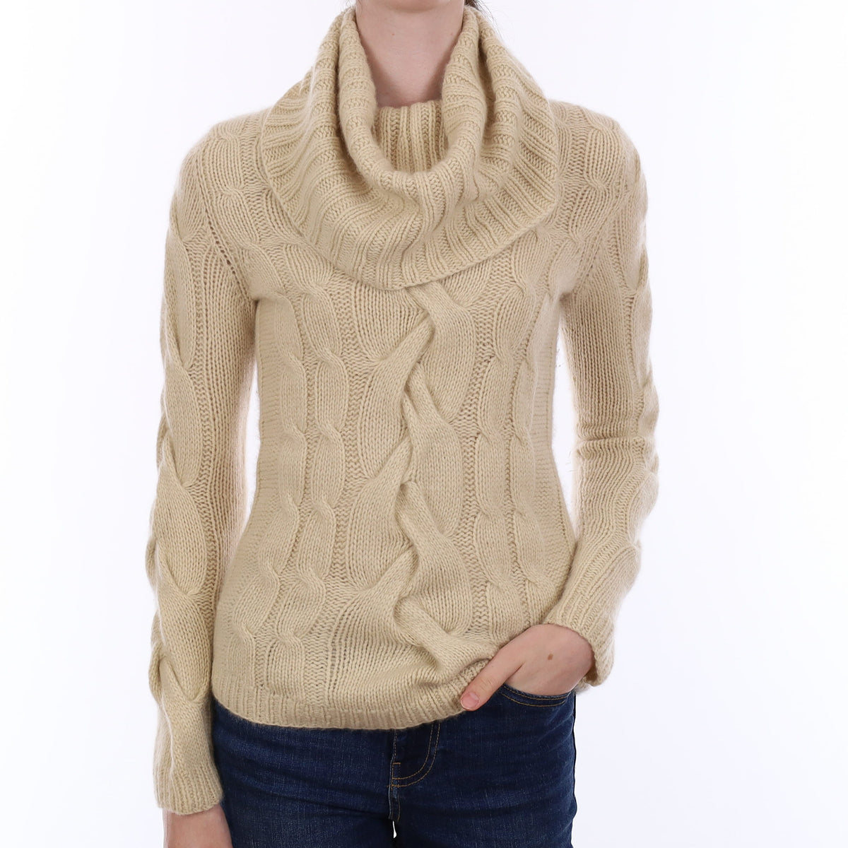 Beige Extra Chunky Cable Cashmere Cowl Neck Jumper Extra Small