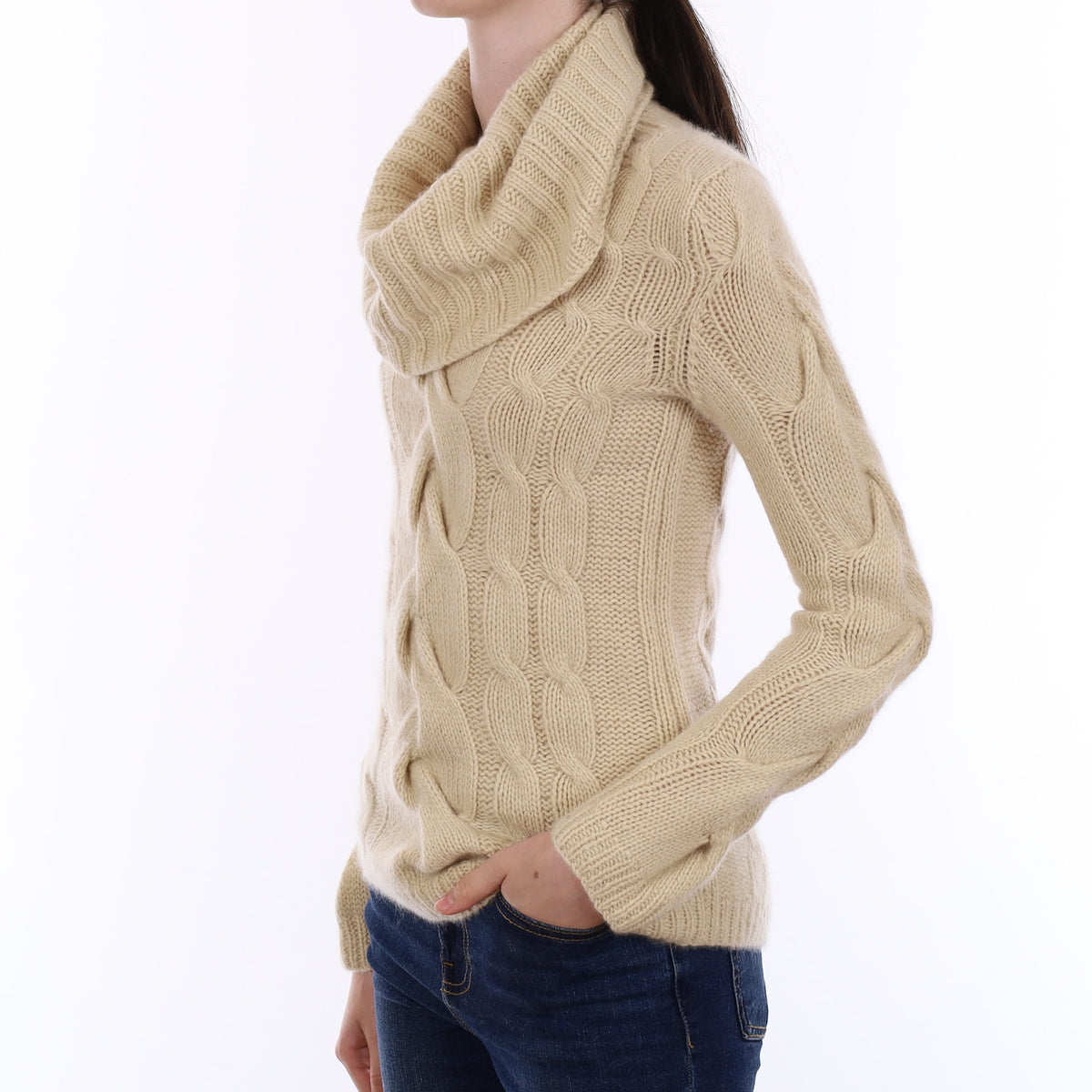 Beige Extra Chunky Cable Cashmere Cowl Neck Jumper Extra Small
