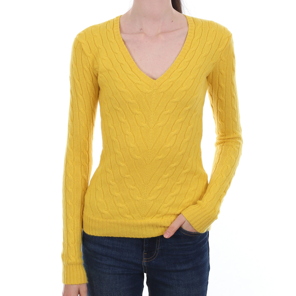 Ralph Lauren Canary Yellow Cable Cashmere V Neck Jumper Extra Small