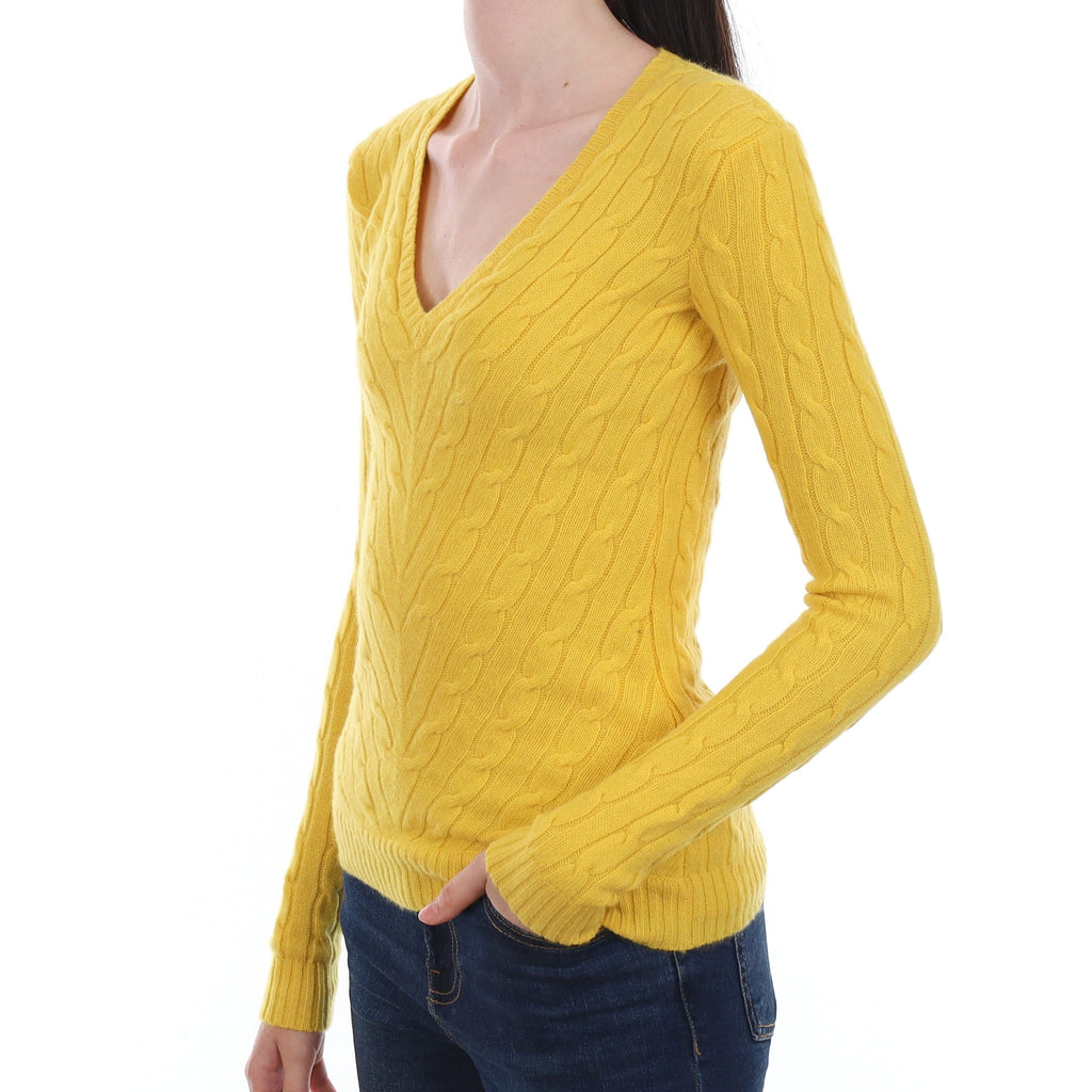 Ralph Lauren Canary Yellow Cable Cashmere V Neck Jumper Extra Small