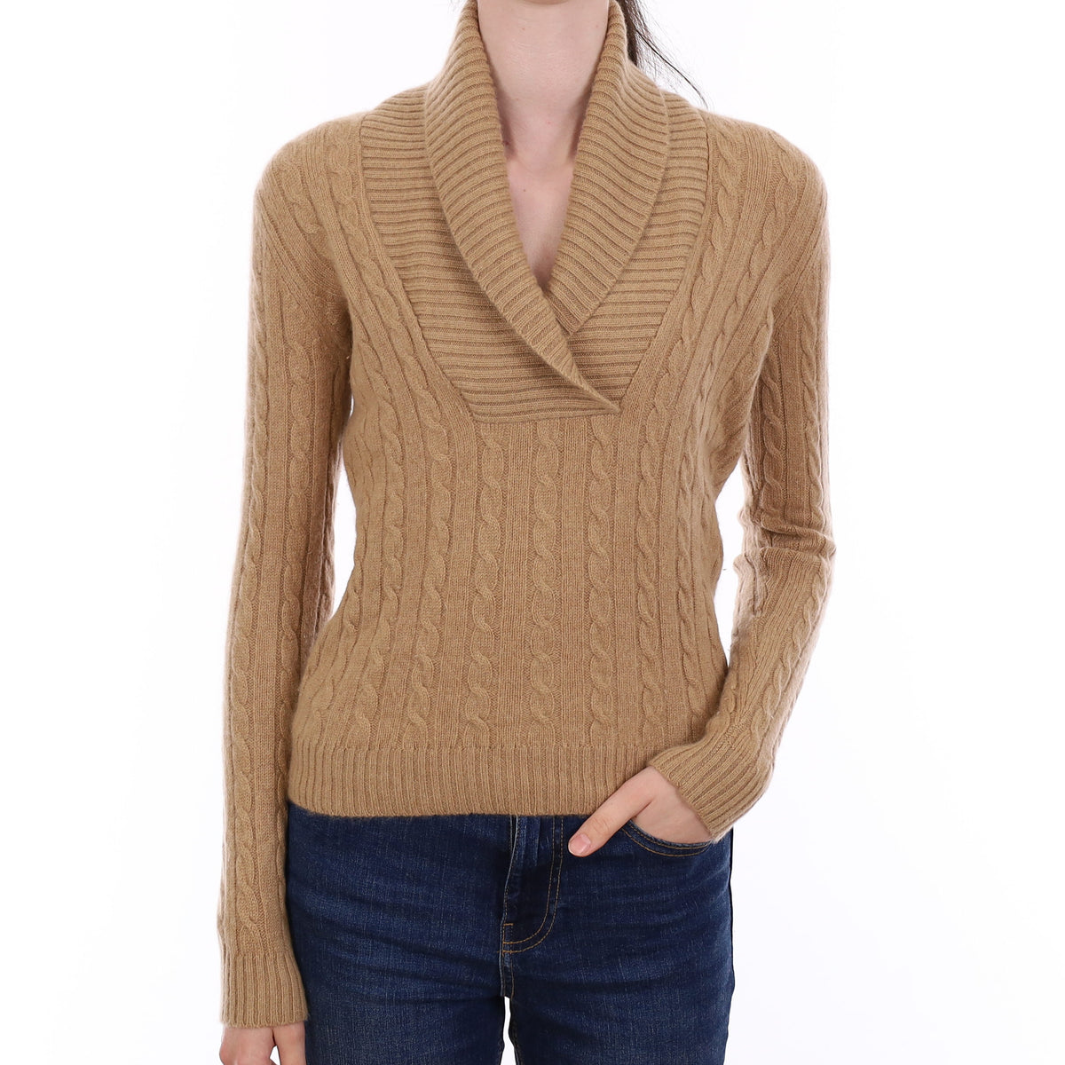 Ralph Lauren Caramel Brown Cable Cashmere Shawl Collar Jumper Extra Small