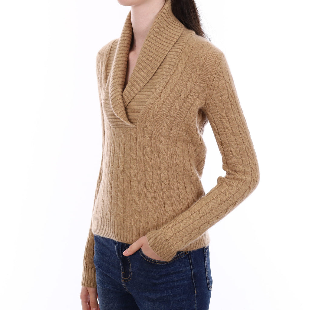 Ralph Lauren Caramel Brown Cable Cashmere Shawl Collar Jumper Extra Small