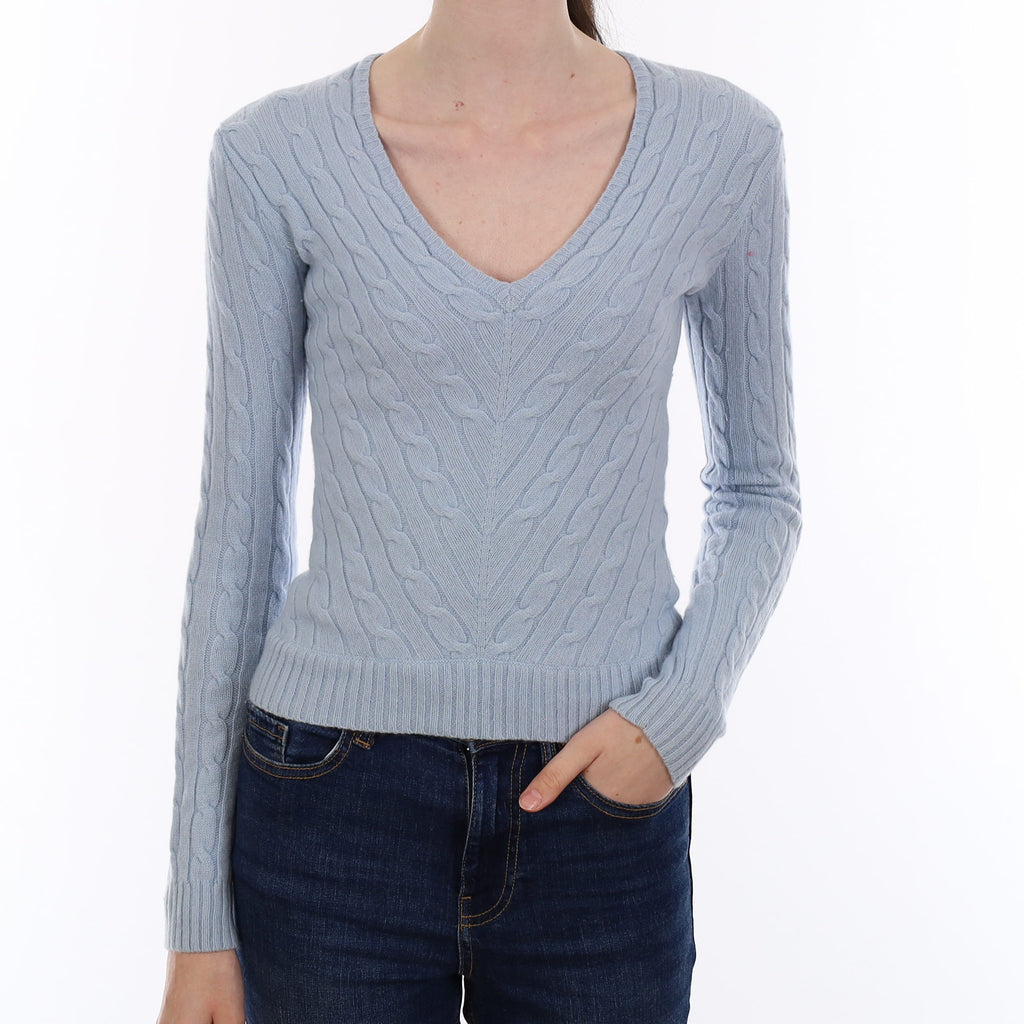 Ralph Lauren Baby Blue Cable Cashmere V Neck Jumper Extra Small
