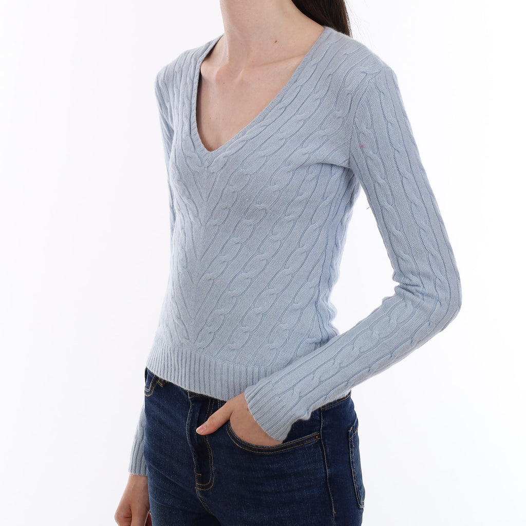 Ralph Lauren Baby Blue Cable Cashmere V Neck Jumper Extra Small