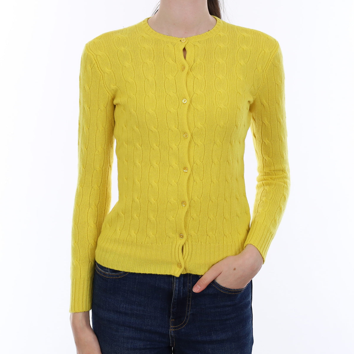 Ralph Lauren Citrus Yellow Cable Cashmere Crew Neck Cardigan Extra Small