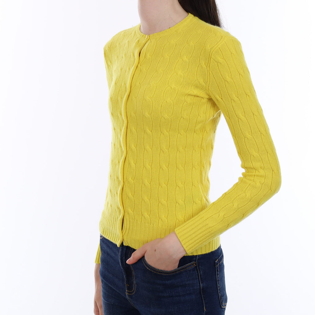Ralph Lauren Citrus Yellow Cable Cashmere Crew Neck Cardigan Extra Small