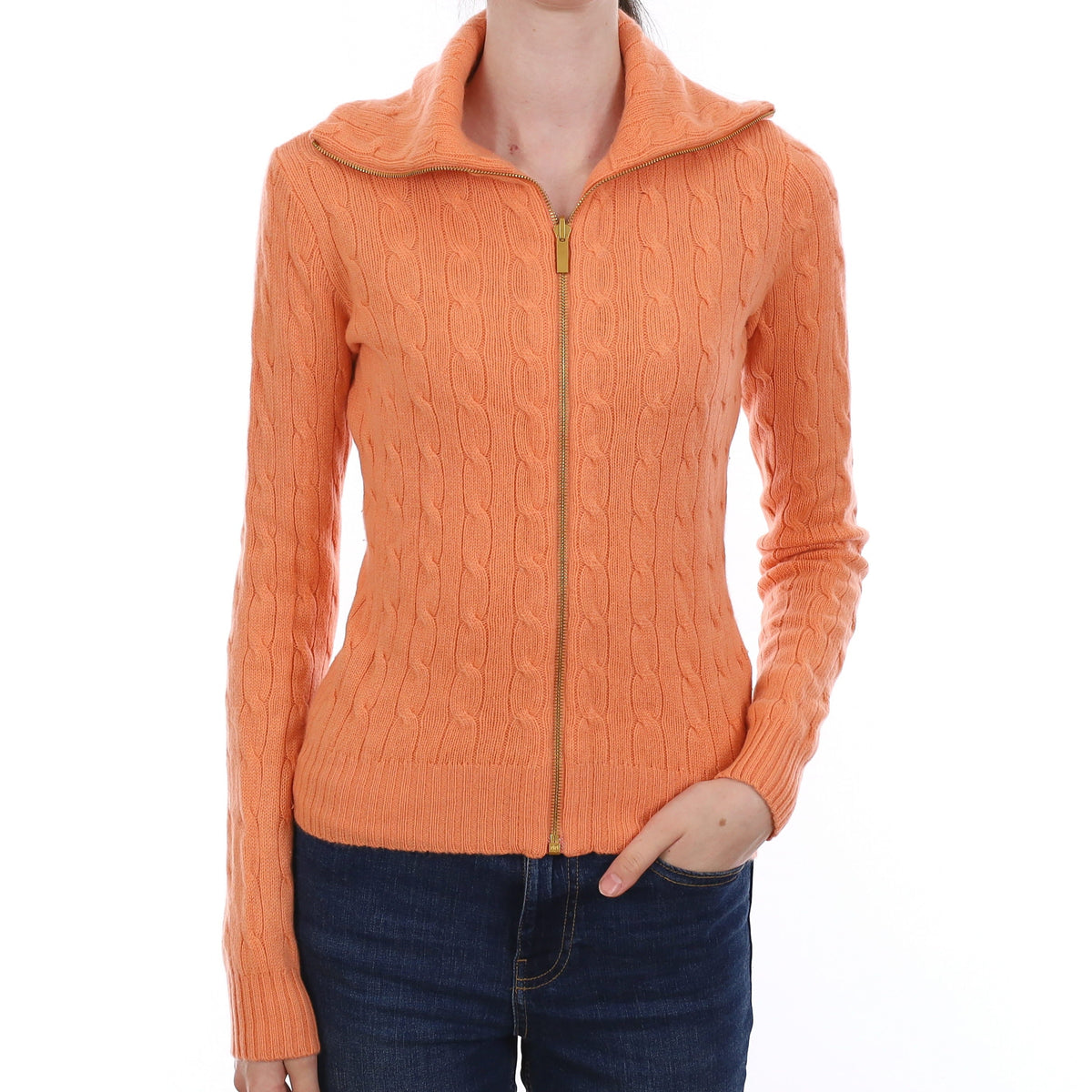 Ralph Lauren Peach Cable Cashmere Zip Up Cardigan Extra Small