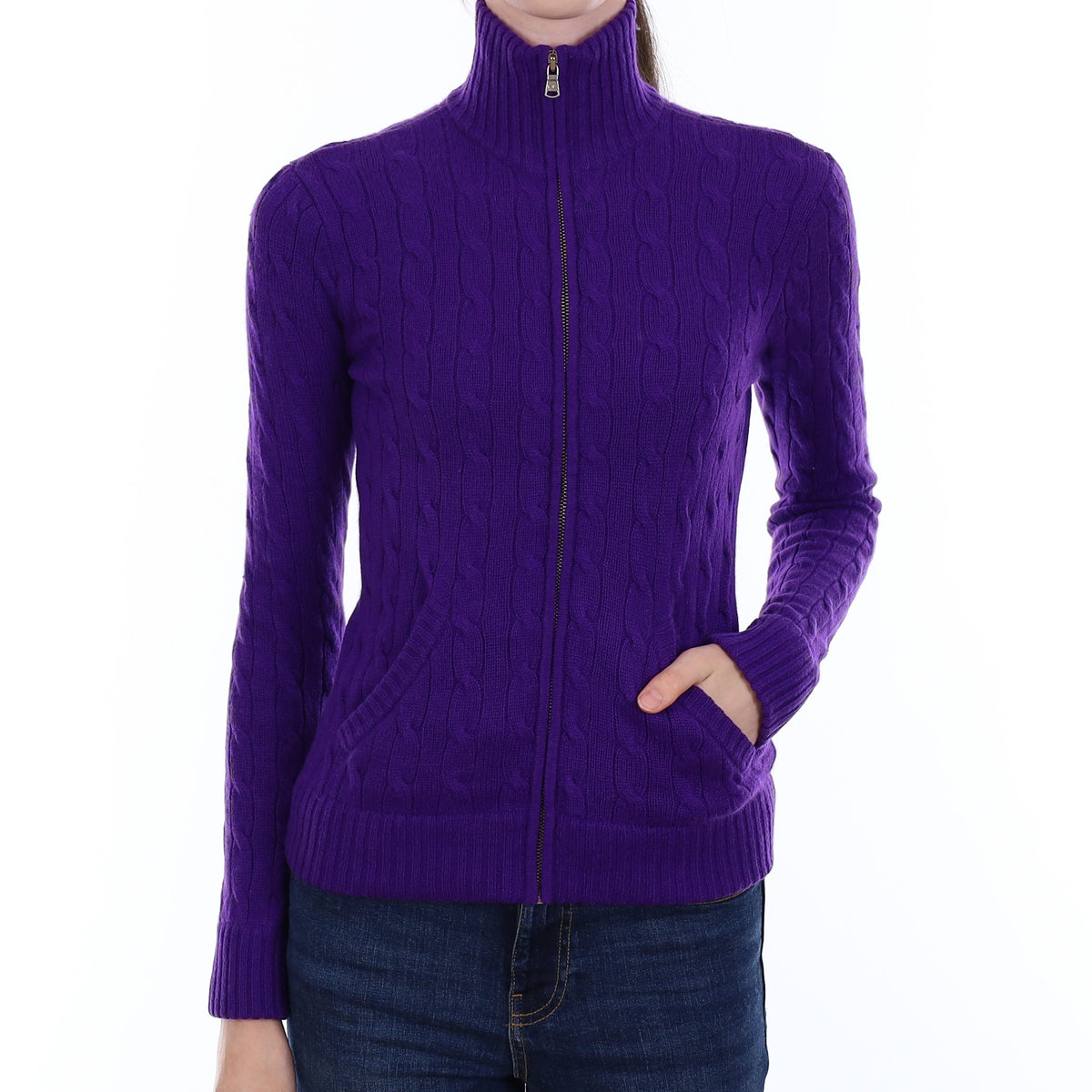 Ralph Lauren Electric Purple Cable Cashmere Zip Up Cardigan with Pockets Extra Small