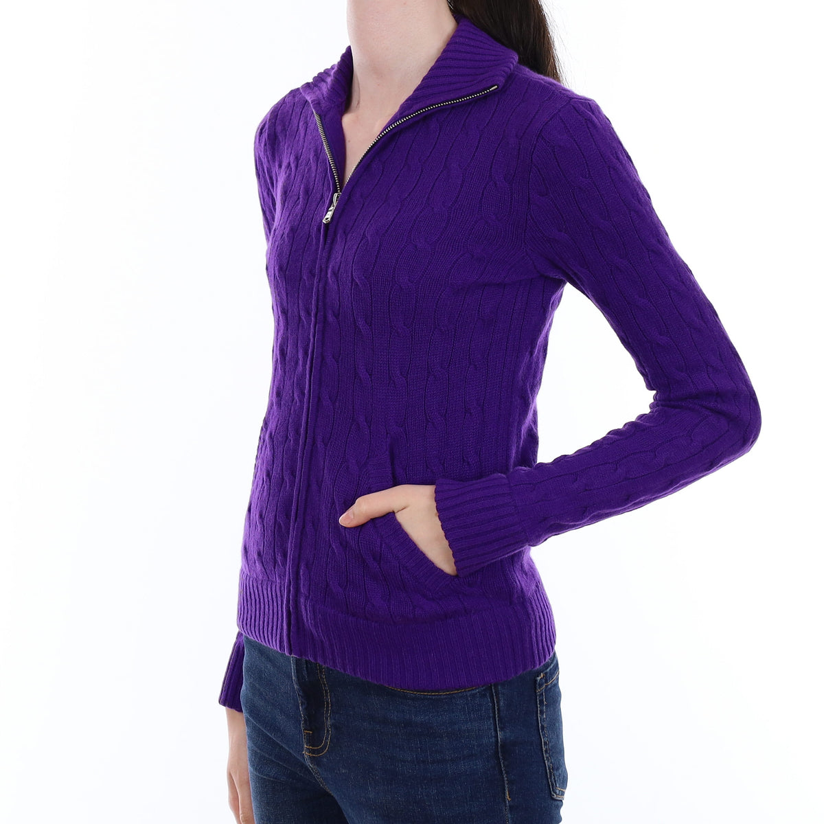 Ralph Lauren Electric Purple Cable Cashmere Zip Up Cardigan with Pockets Extra Small