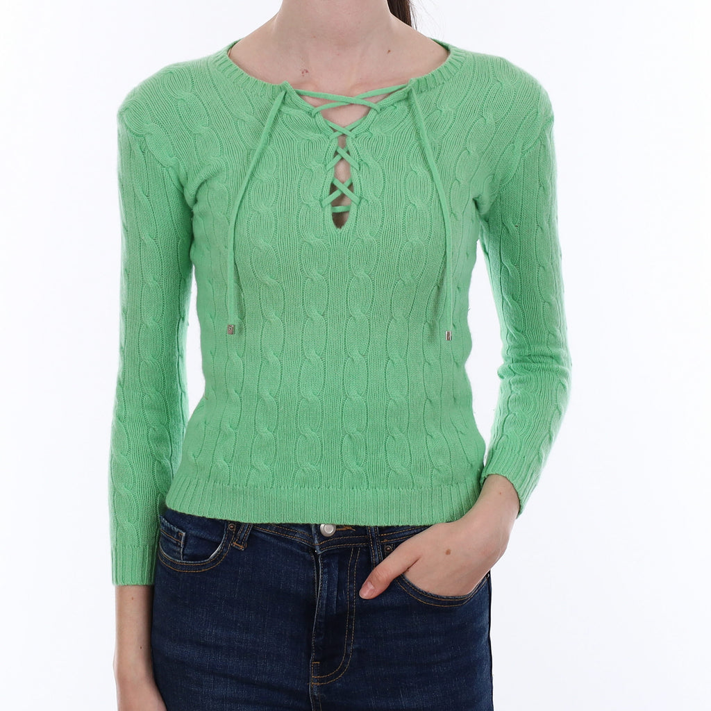 Ralph Lauren Peppermint Green Cable Cashmere Lace Up Jumper Extra Small
