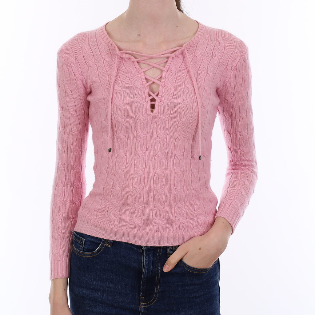 Ralph Lauren Carnation Pink Cable Cashmere Lace Up Jumper Extra Small
