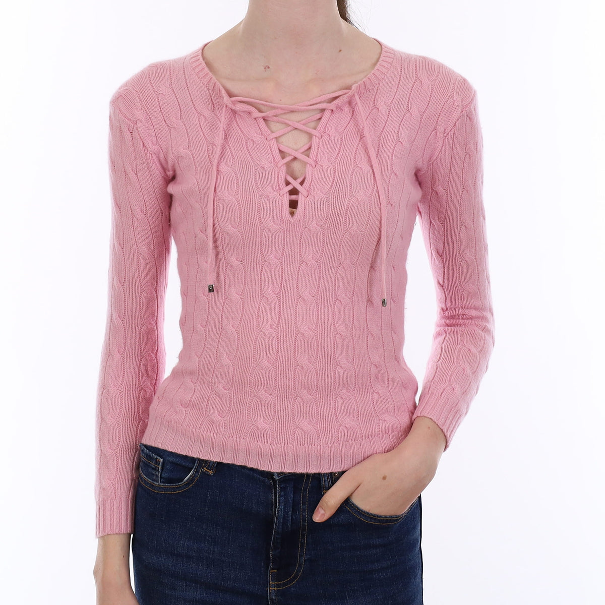 Ralph Lauren Carnation Pink Cable Cashmere Lace Up Jumper Extra Small