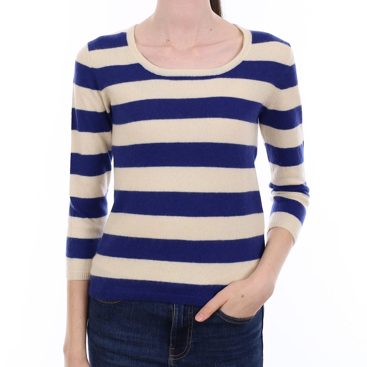Blue & Ivory Stripe Cashmere 3/4 Sleeve Scoop Neck Jumper Extra Small