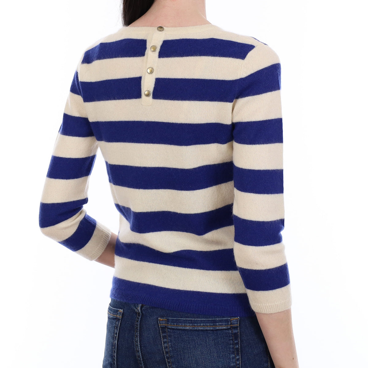 Blue & Ivory Stripe Cashmere 3/4 Sleeve Scoop Neck Jumper Extra Small