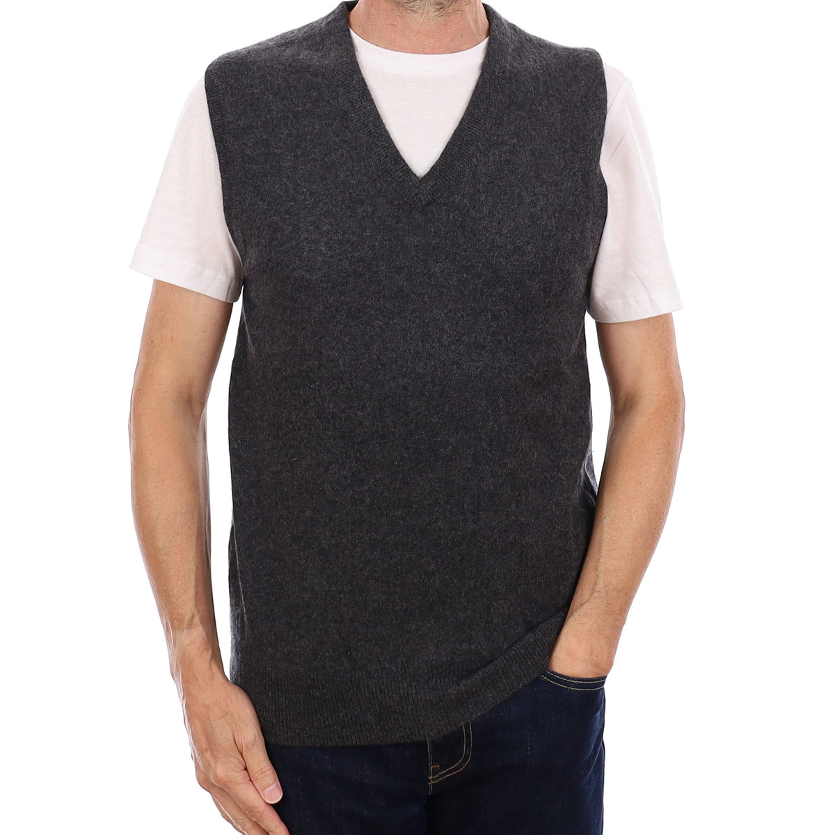 Men's Charcoal Grey Cashmere V Neck Tank Top Small