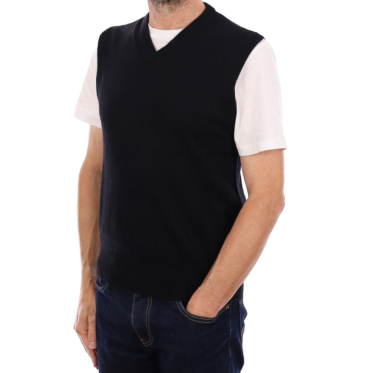 Men's Black Cashmere V Neck Tank Top Small