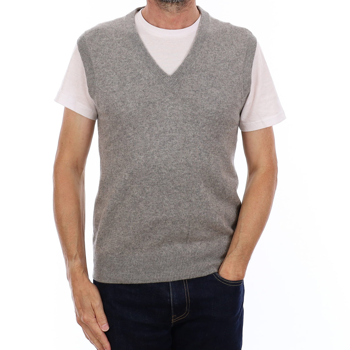 Men's Ash Grey Cashmere V Neck Tank Top Small