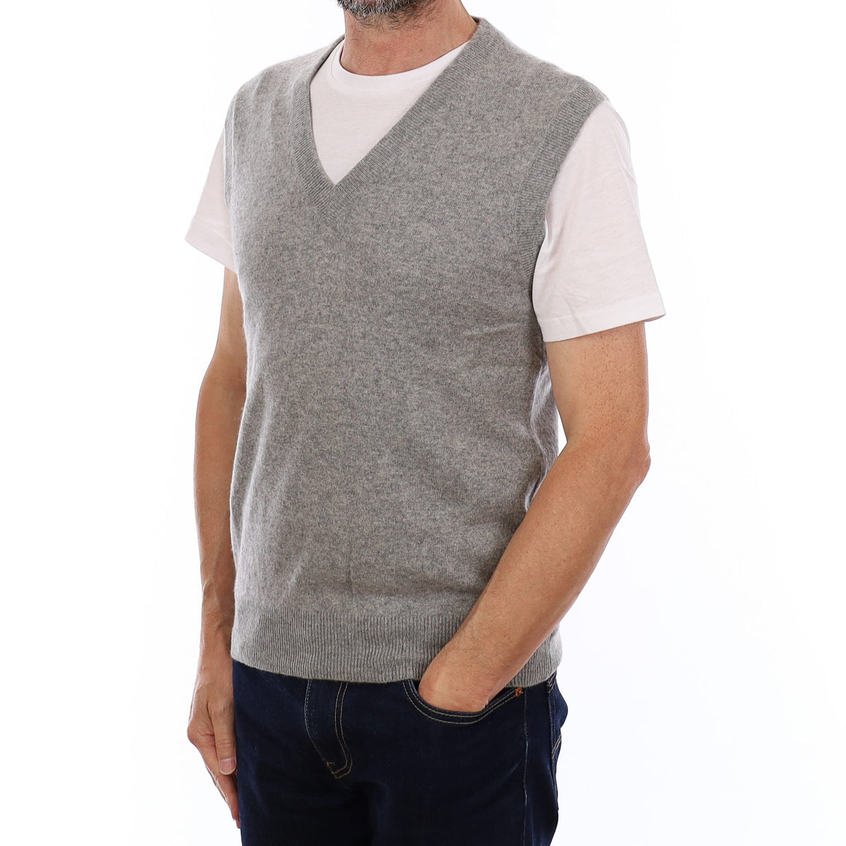 Men's Ash Grey Cashmere V Neck Tank Top Small