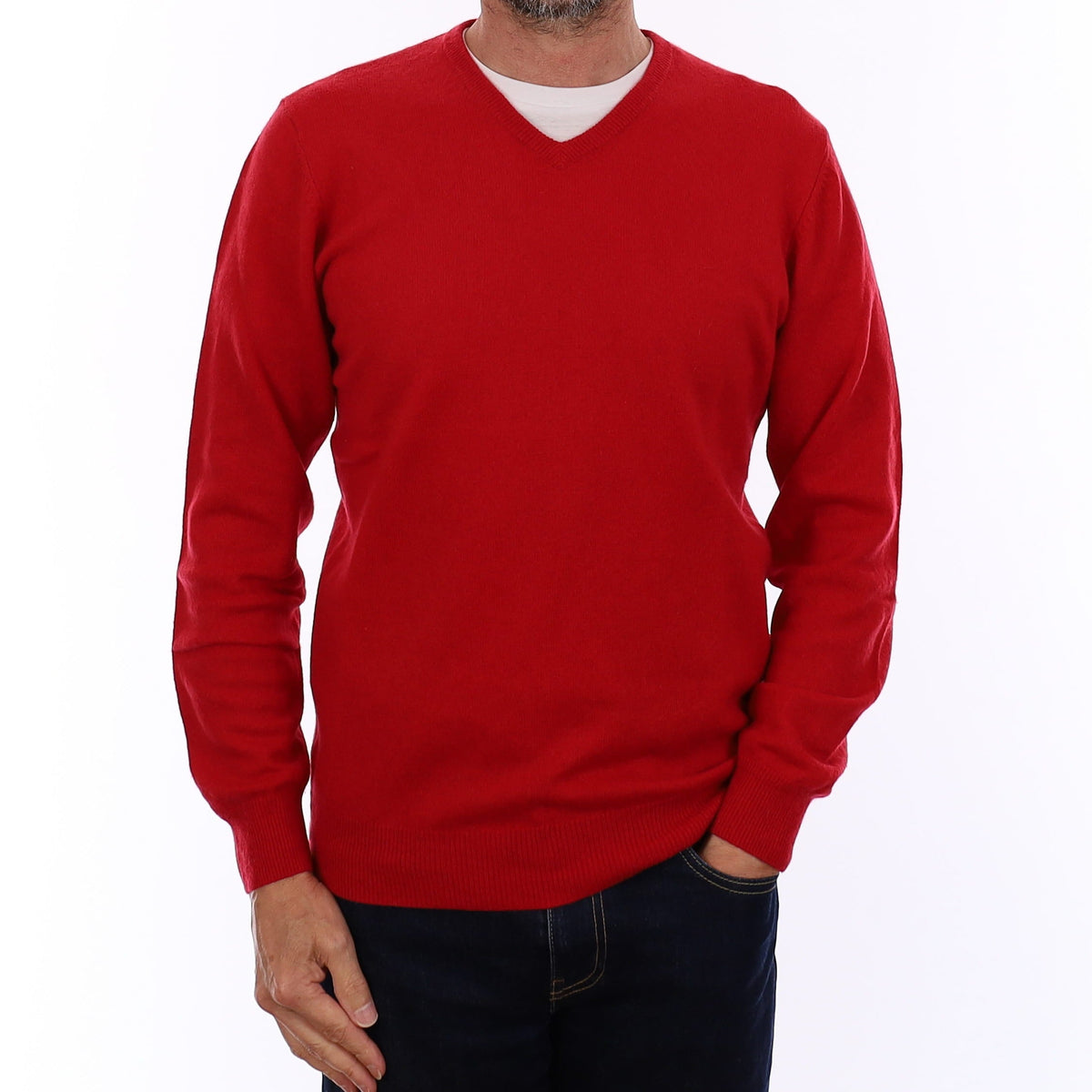 Men's Post Box Red Cashmere V Neck Jumper Small