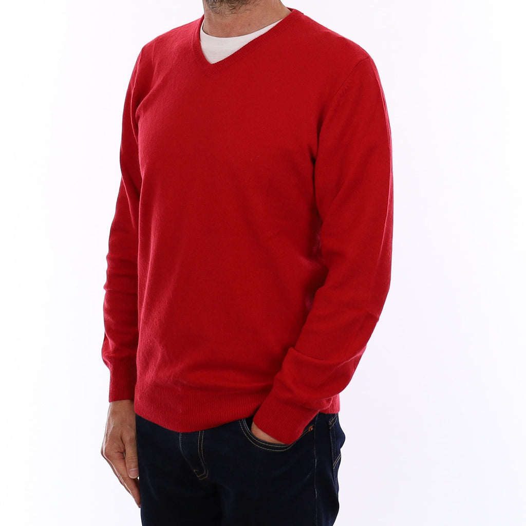 Men's Post Box Red Cashmere V Neck Jumper Small