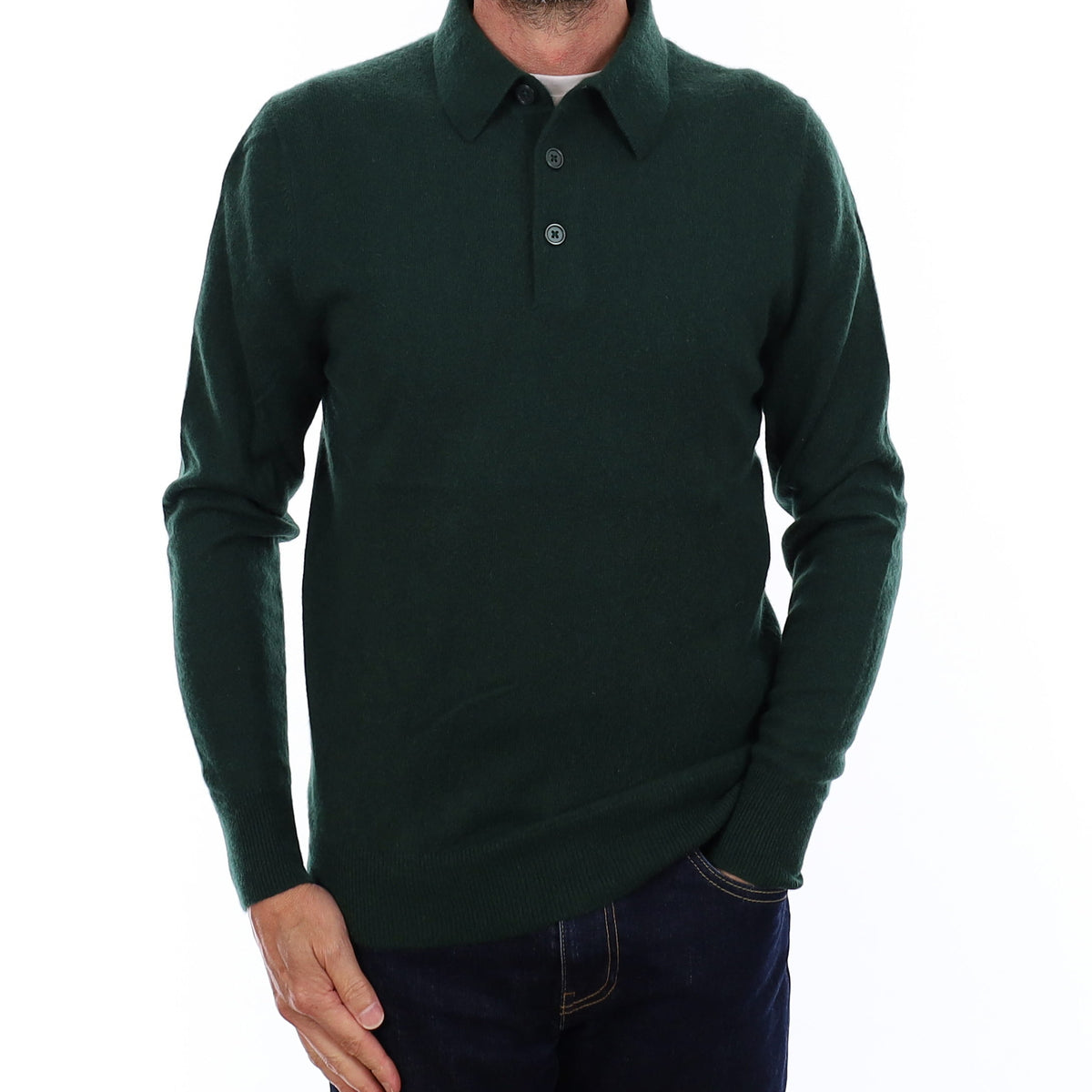 Men's Racing Green Cashmere Collared 1/4 Button Jumper Small