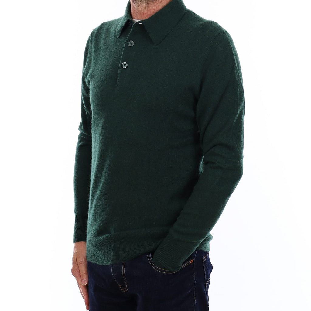 Men's Racing Green Cashmere Collared 1/4 Button Jumper Small