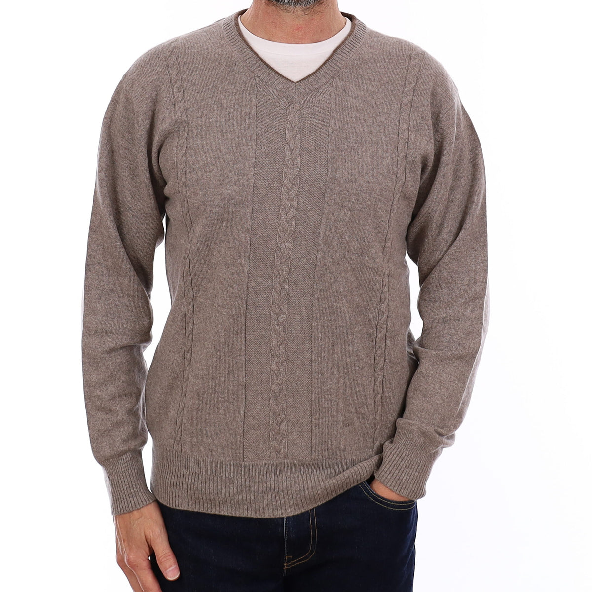 Men's Mink Brown Cable Front Cashmere V Neck Jumper Small