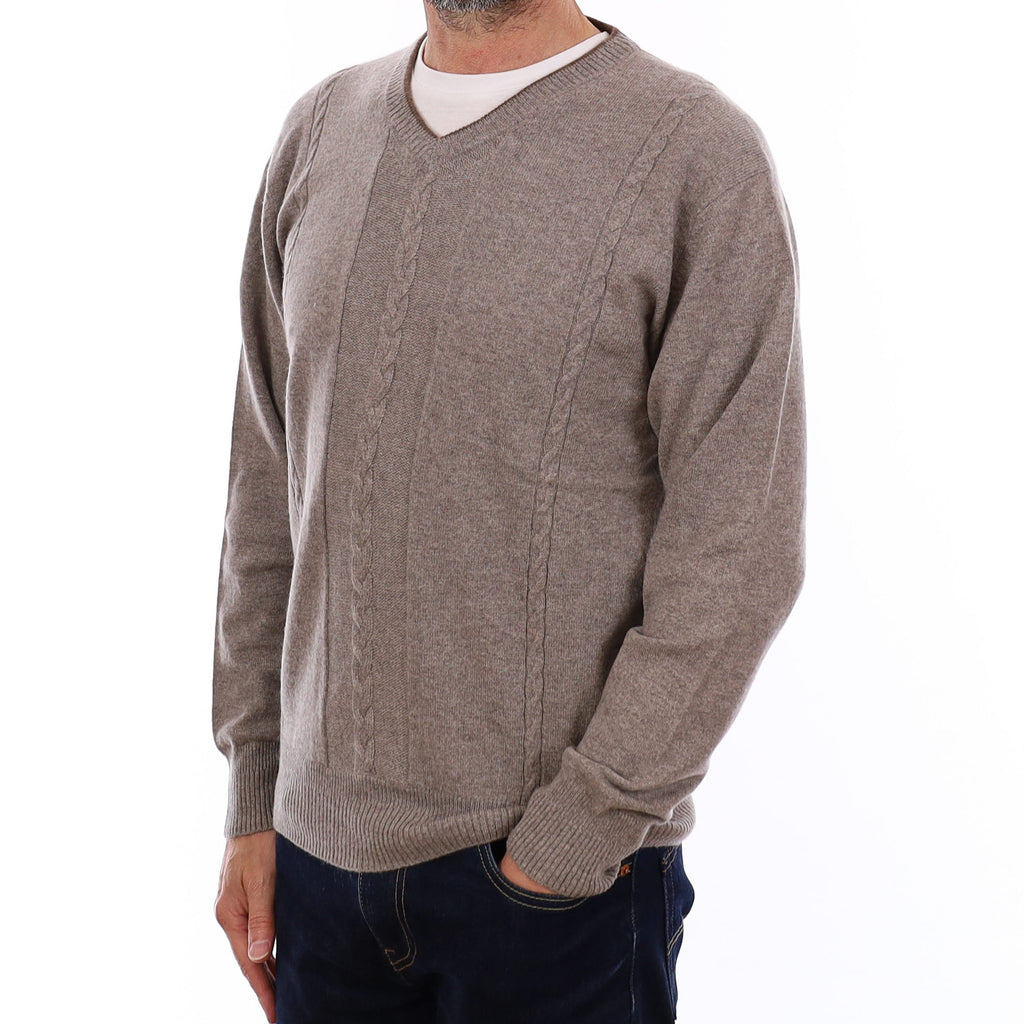 Men's Mink Brown Cable Front Cashmere V Neck Jumper Small