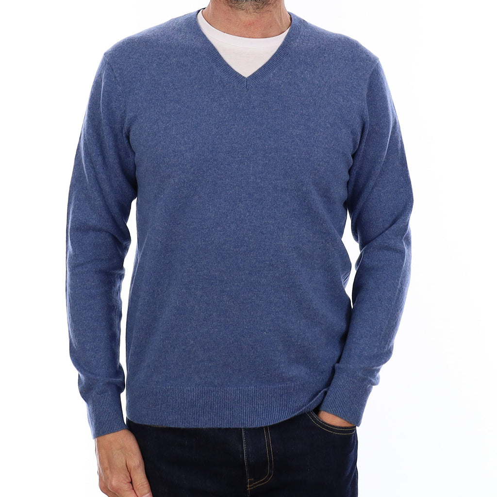 Men's Denim Blue Cashmere V Neck Jumper Small