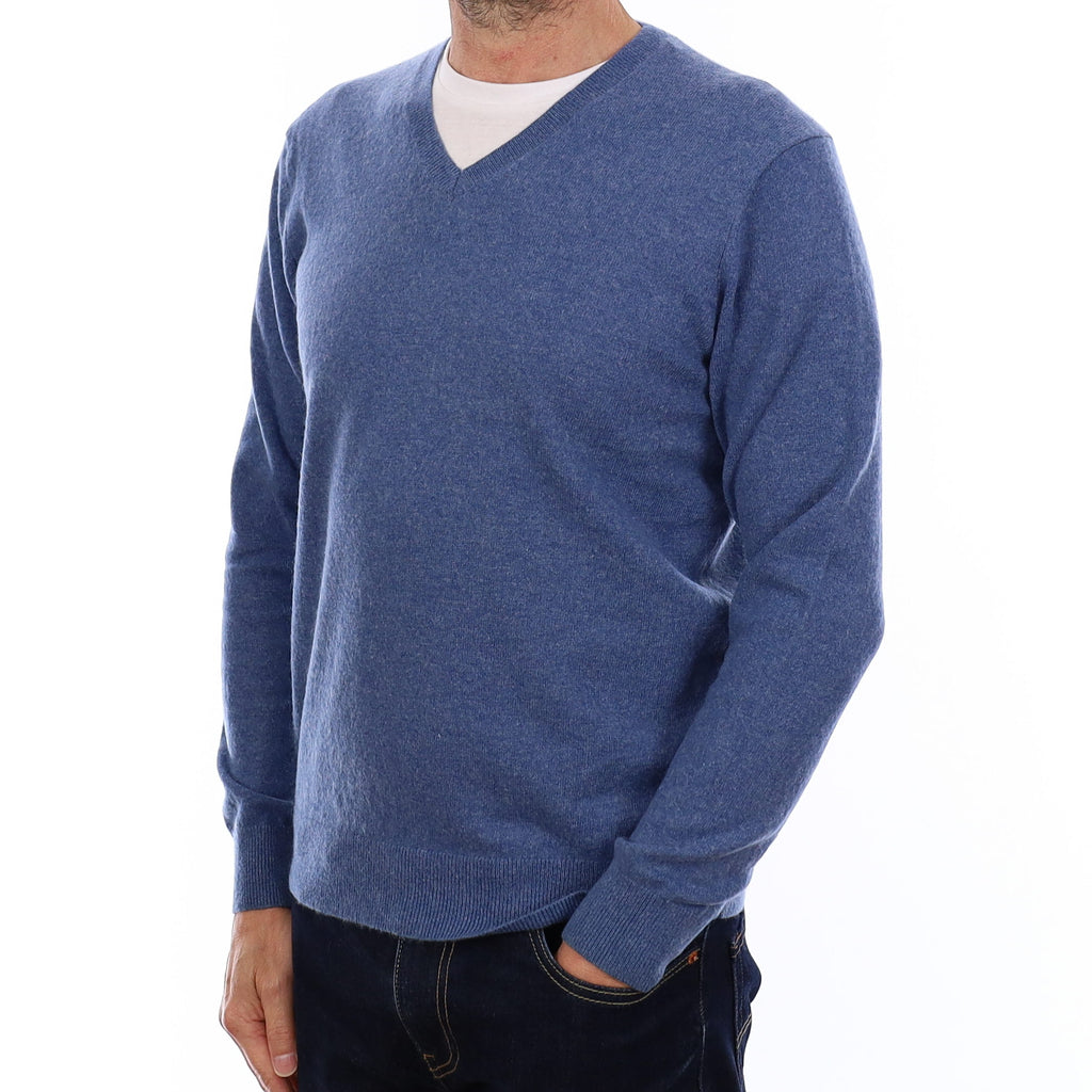 Men's Denim Blue Cashmere V Neck Jumper Small