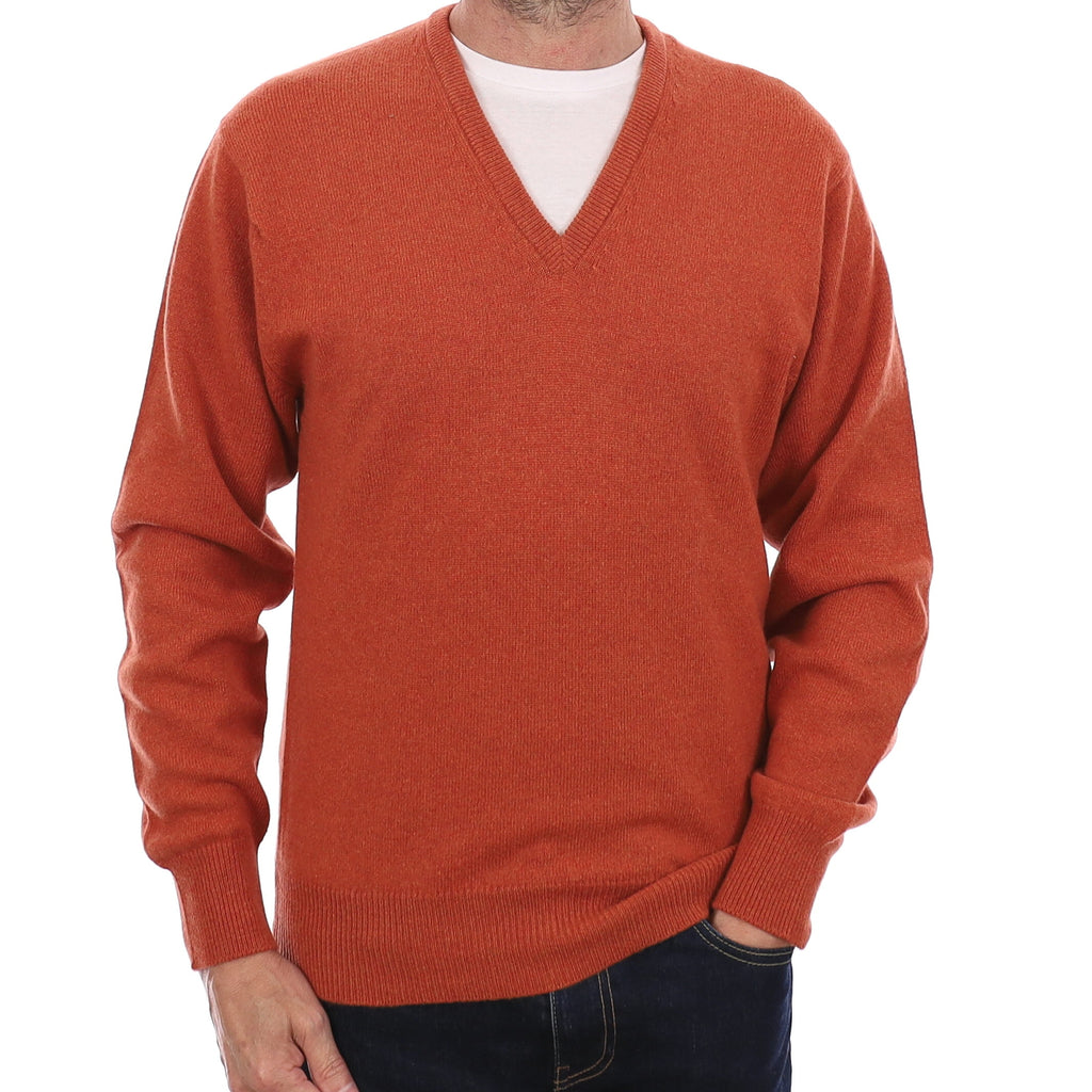 Men's Brand New Scottish Burnt Orange Cashmere V Neck Jumper Small