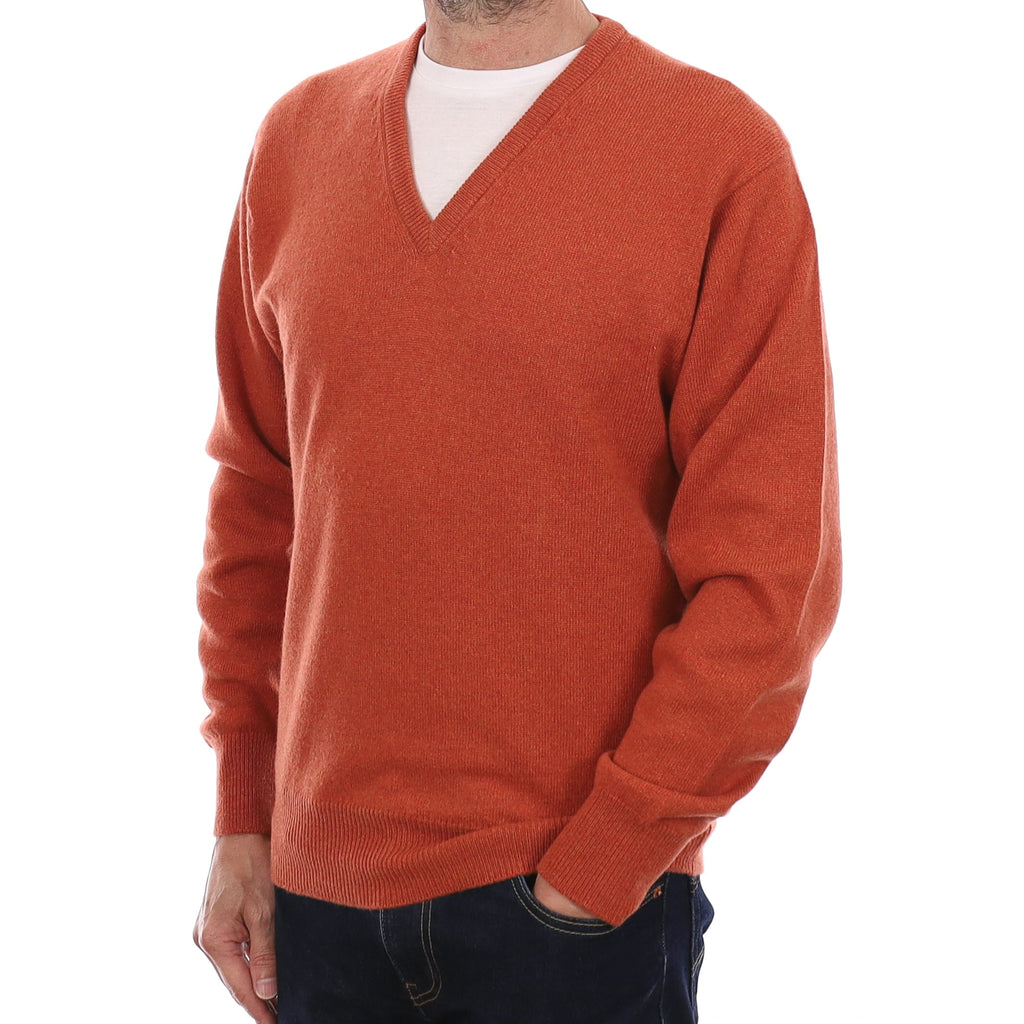 Men's Brand New Scottish Burnt Orange Cashmere V Neck Jumper Small