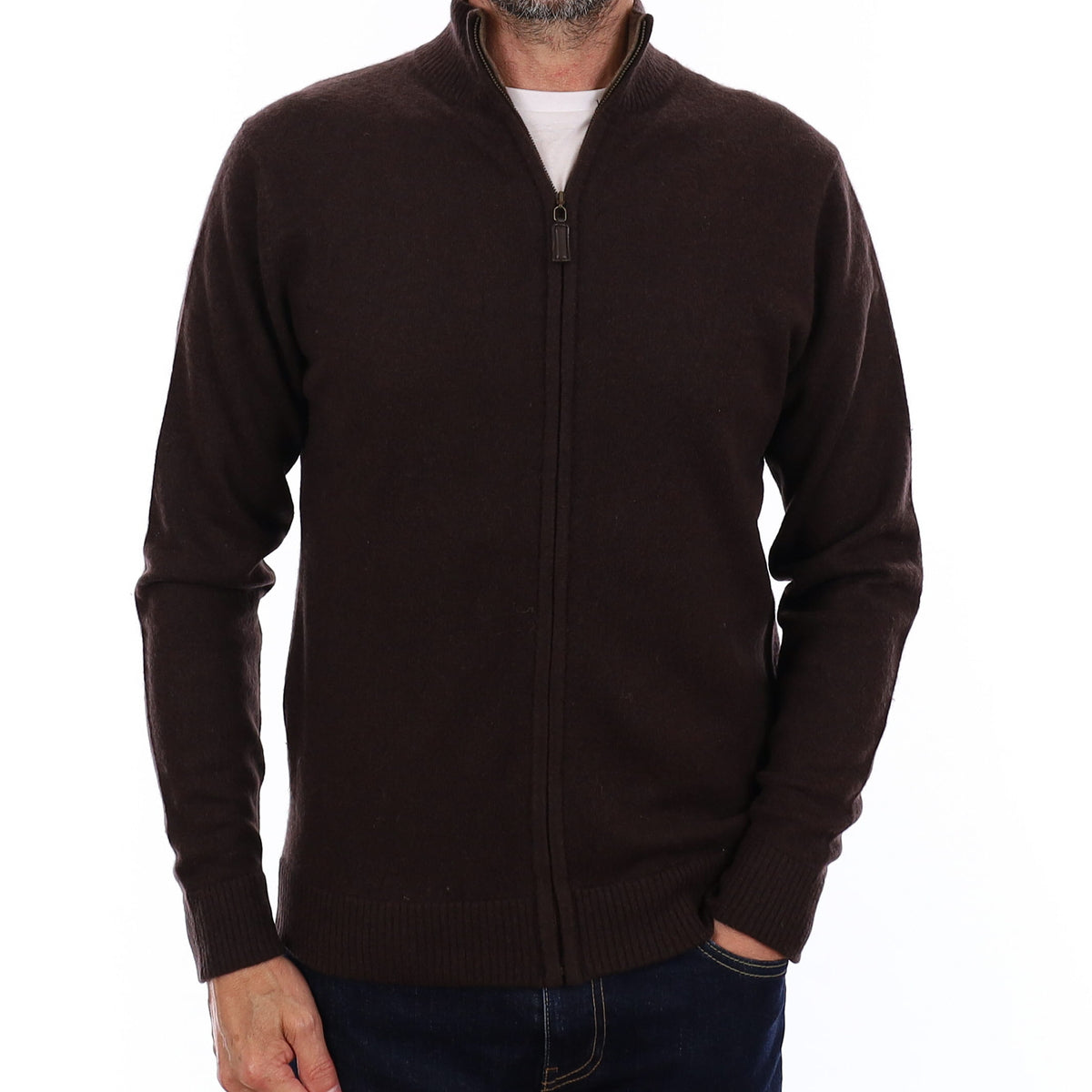 Men's Chocolate Brown Cashmere Zip Up Cardigan Small