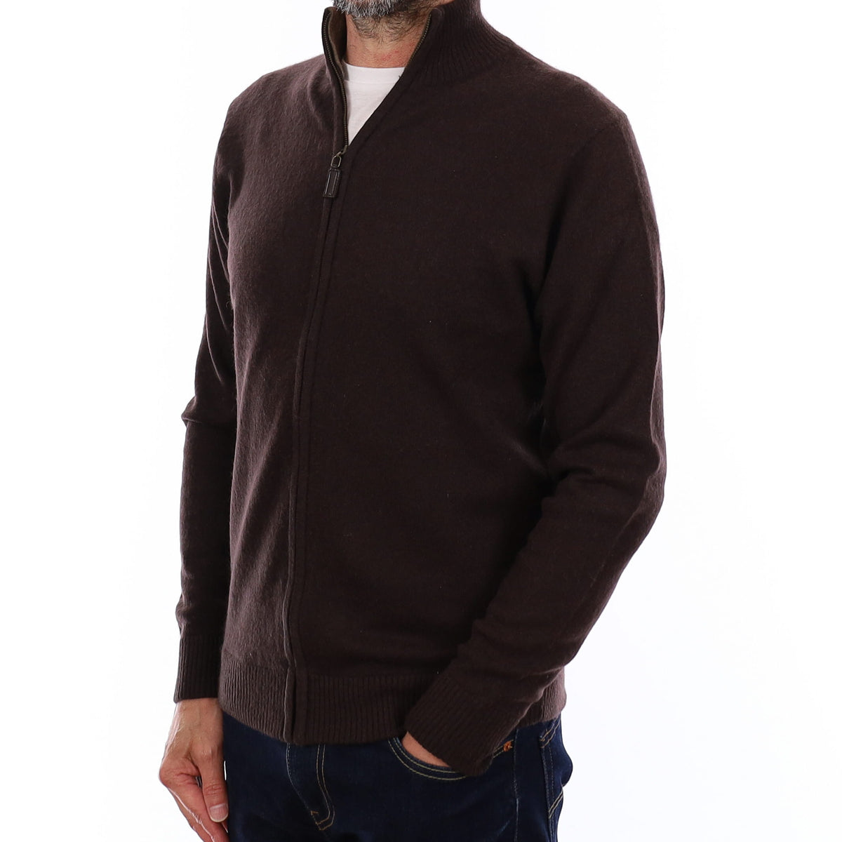 Men's Chocolate Brown Cashmere Zip Up Cardigan Small
